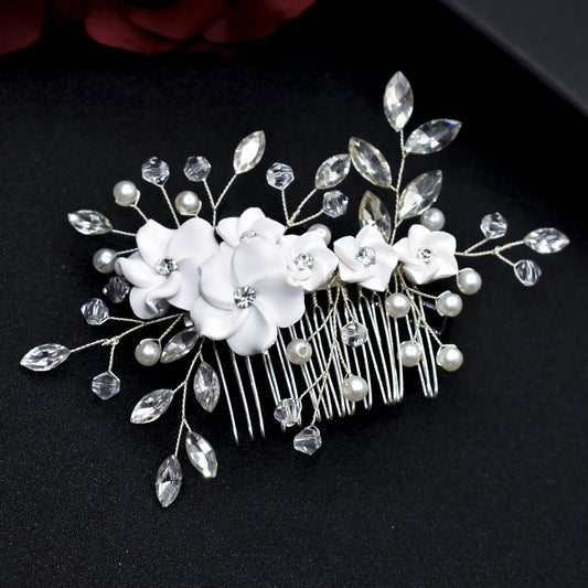 Bridal tiara, handmade rhinestone soft pottery flower ornament wedding party