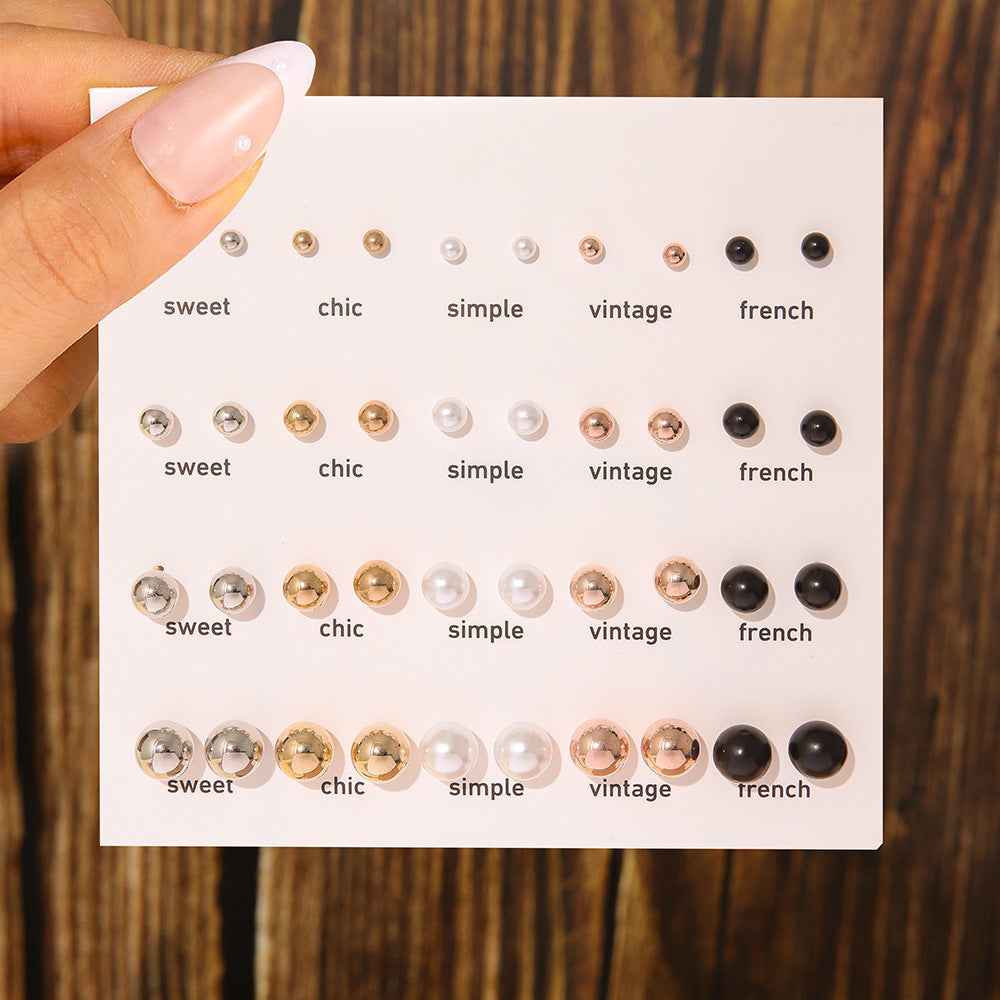 Simple Color Pearl Stud Earrings Set - 36 Pairs