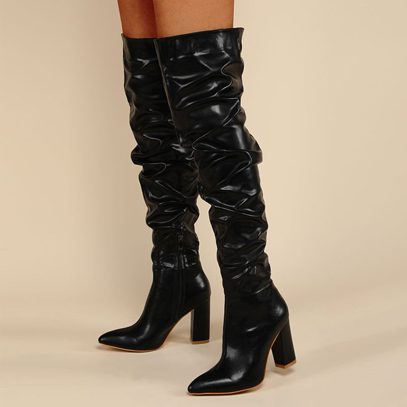 Autumn/Winter Pleated Block Heel Over-the-Knee Boots  Plus Size