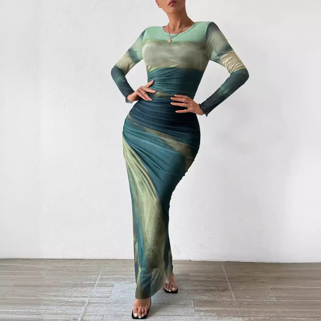 Elegant Contrast Rendered Slim Waist Dress