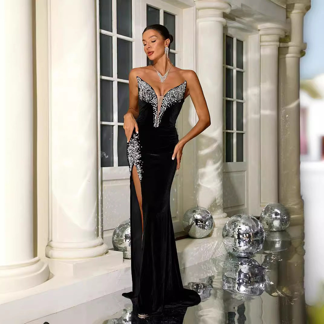 Diamond-encrusted deep V neck elegant dress Diamond-encrusted deep V neck elegant dress
