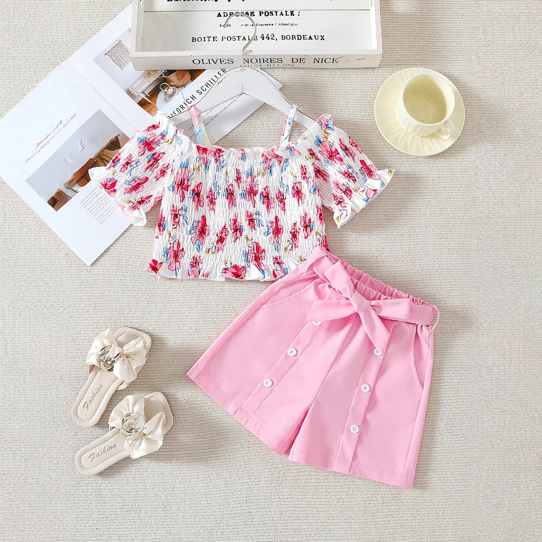Floral Suspenders & Pink Shorts Set