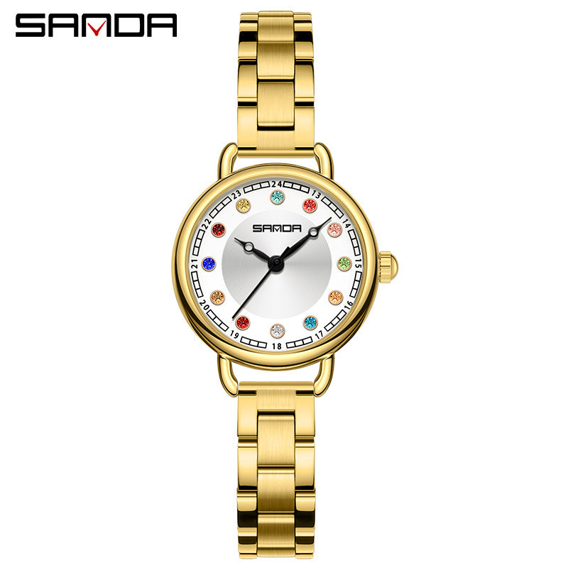 Elegant Malachite Quartz Watch with Crystal Stones - Luxury Women's