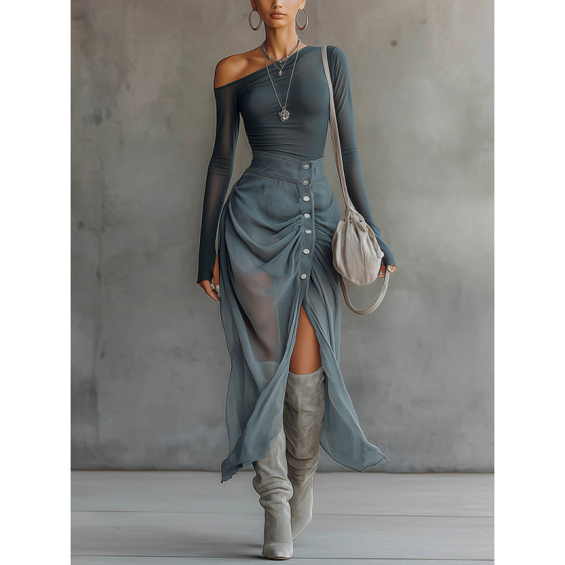 Asymmetrical Shoulder Top, Slit Pleated Midi Skirt Set, Asymmetrical Shoulder Set