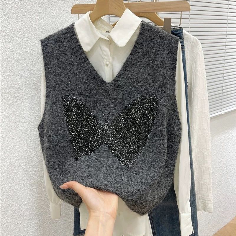 Butterfly Sequin Knitted Vest  Sleeveless Layered Sweater