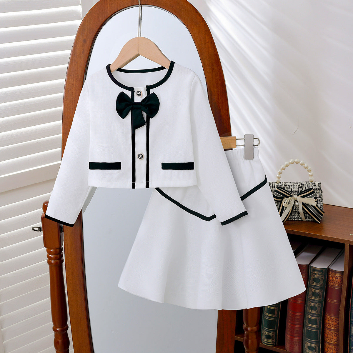 Girls' Bow Two-Piece Set  Round Neck Coat + Short Skirt