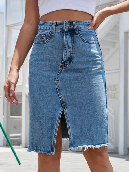 High-Waisted Mid-Length Denim Skirt with Hip Slit for Women