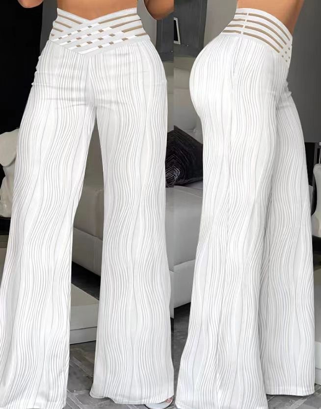 Women's high-waisted slacks, draped pleated cut-out water ripple wide-leg trousers