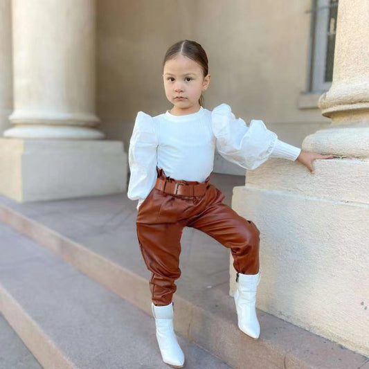Girls' Spring/Autumn Fashion Set  Bubble Sleeve Top & PU Leather Pants
