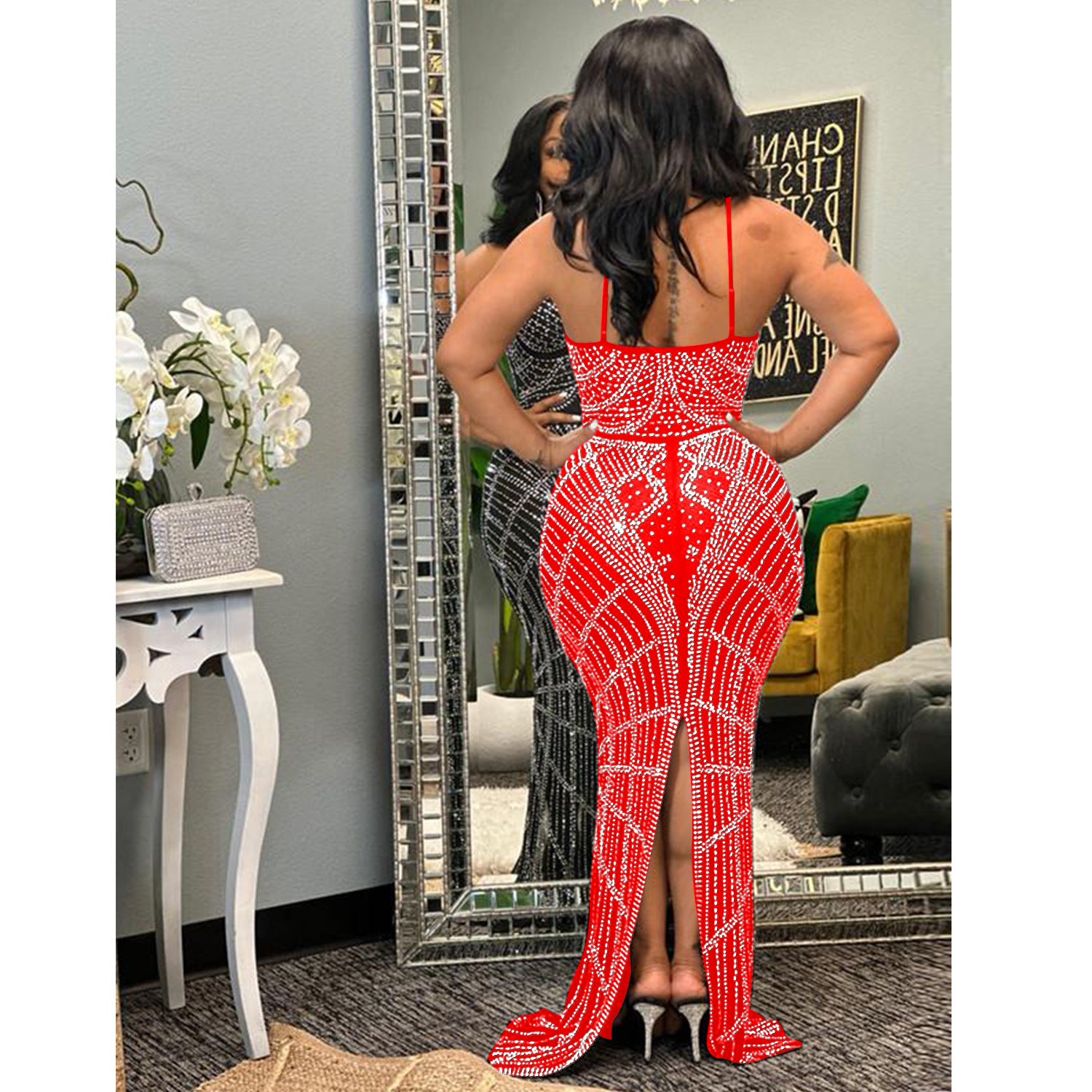 Hot diamond mesh sleeveless shoulder strap long dress