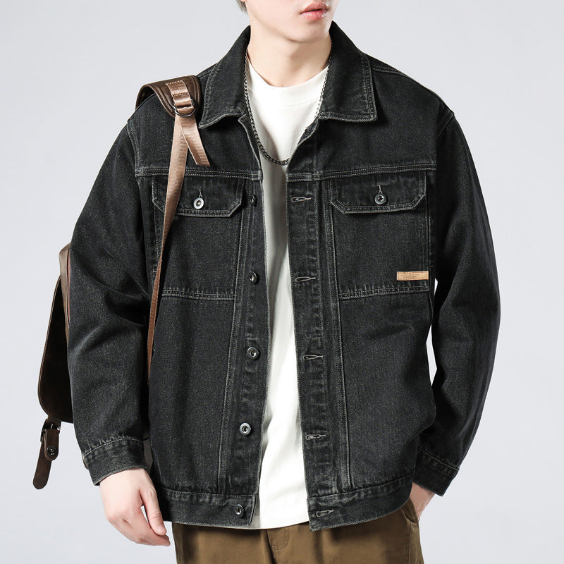 Men's Washed Denim Jacket  Loose Retro Casual Lapel Coat
