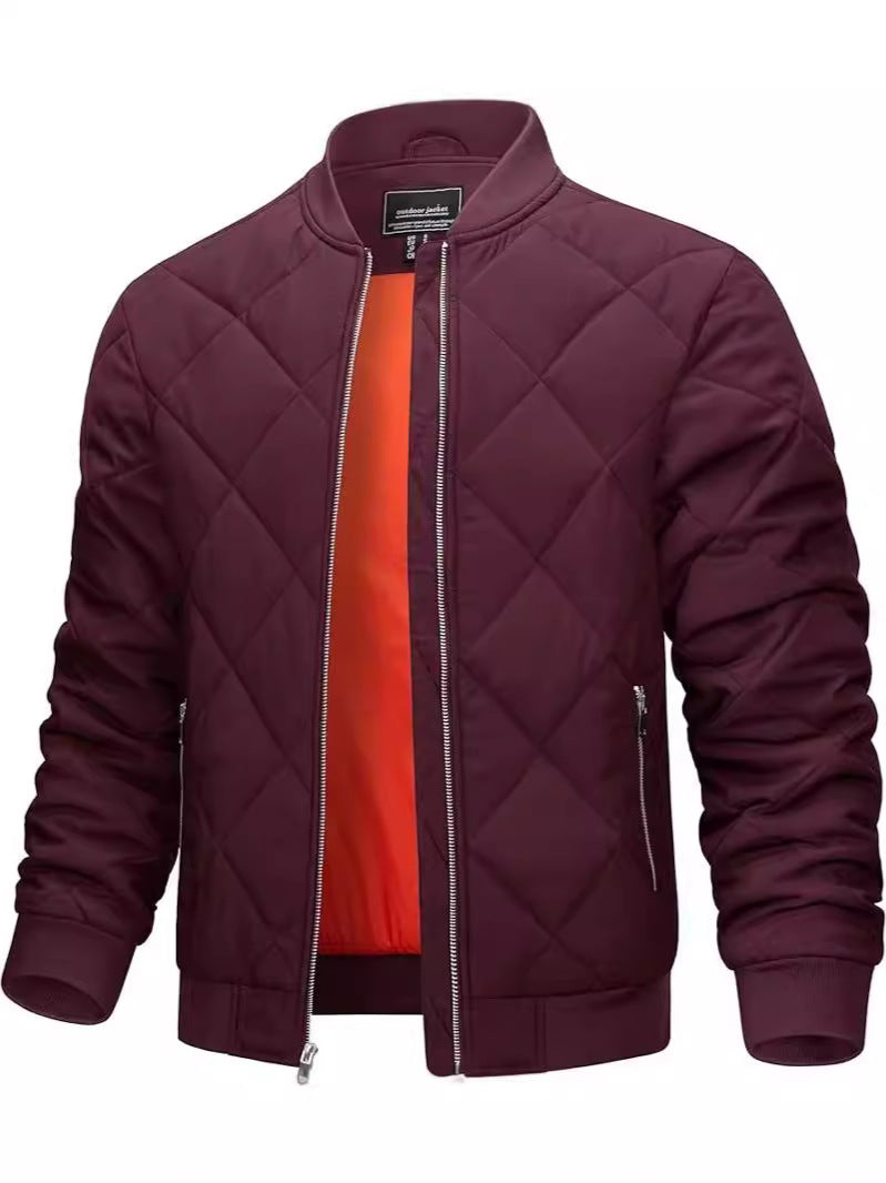 Mens Light Cotton Jacket Diamond Quilted Stand Collar, Warm Casual Coat (On Hand)