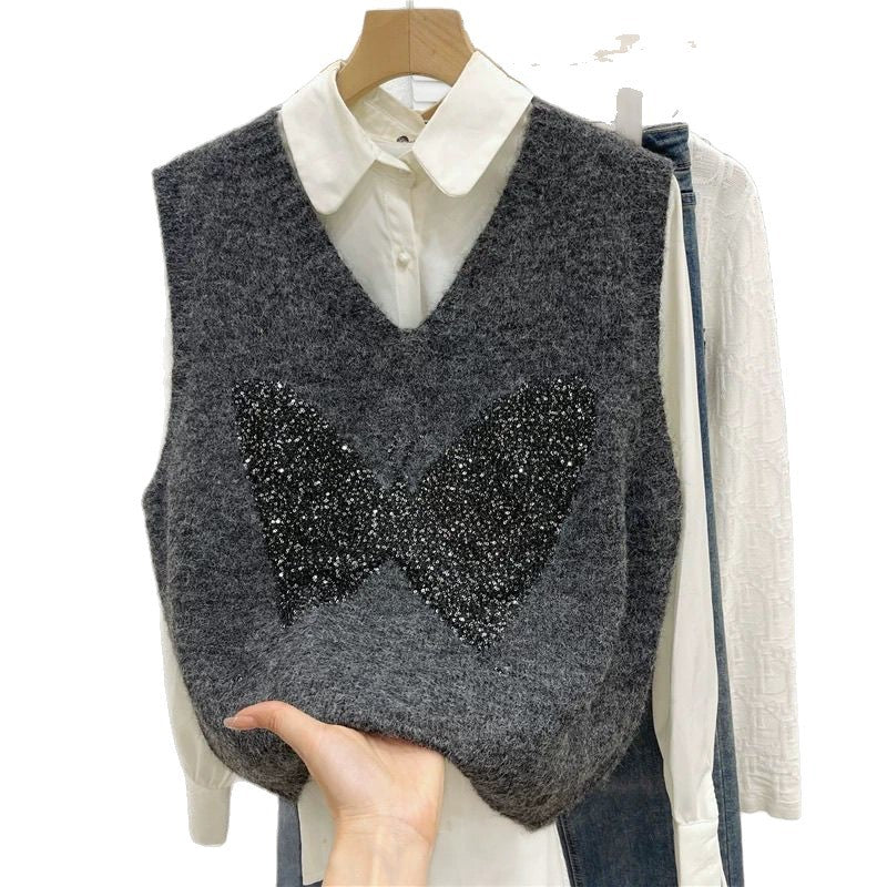 Butterfly Sequin Knitted Vest  Sleeveless Layered Sweater