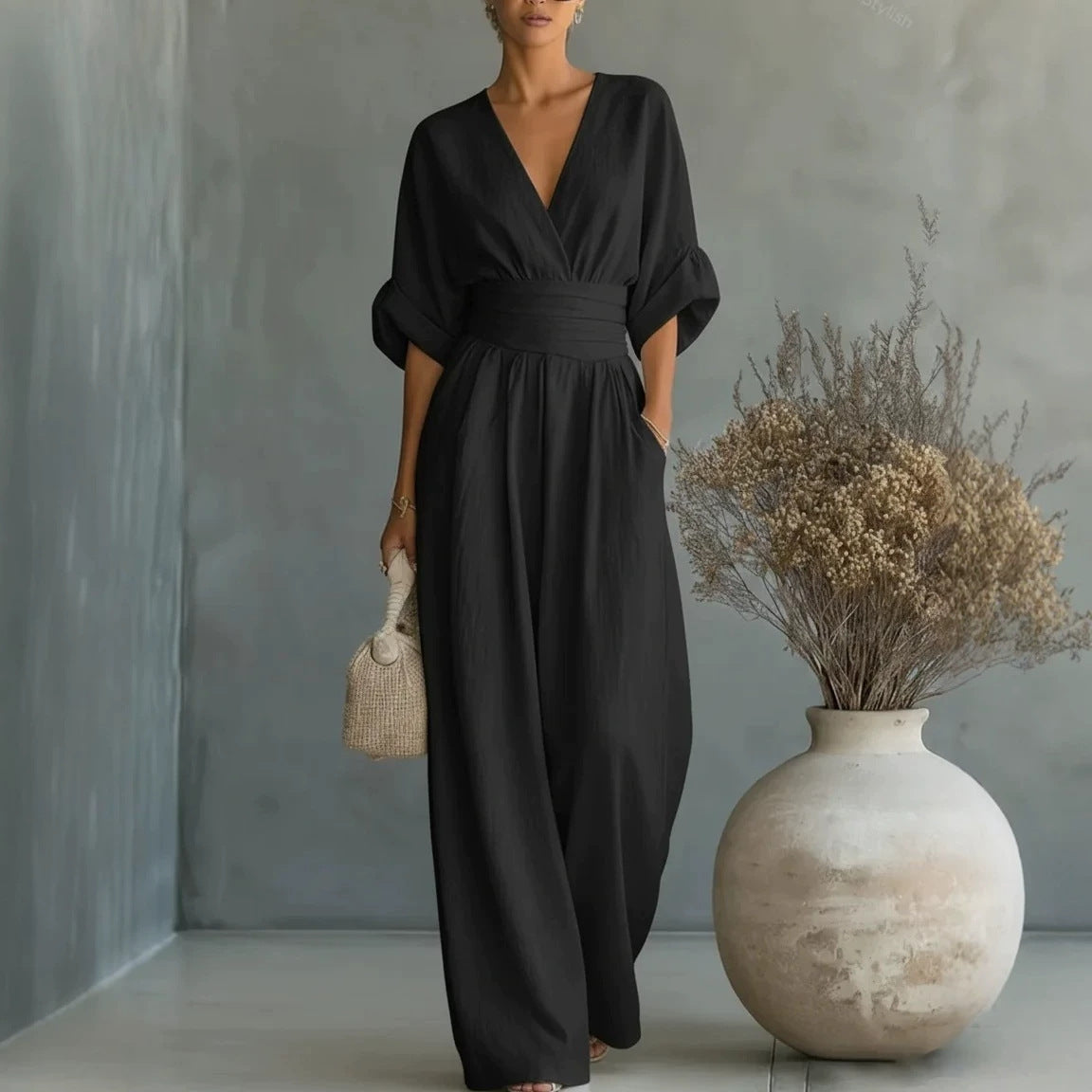 Womens Elegant V-Neck Waist-Slimming Jumpsuit