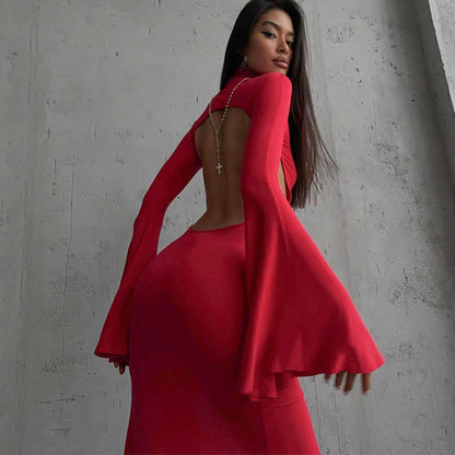 New bell sleeve sexy backless slit long skirt slim dress