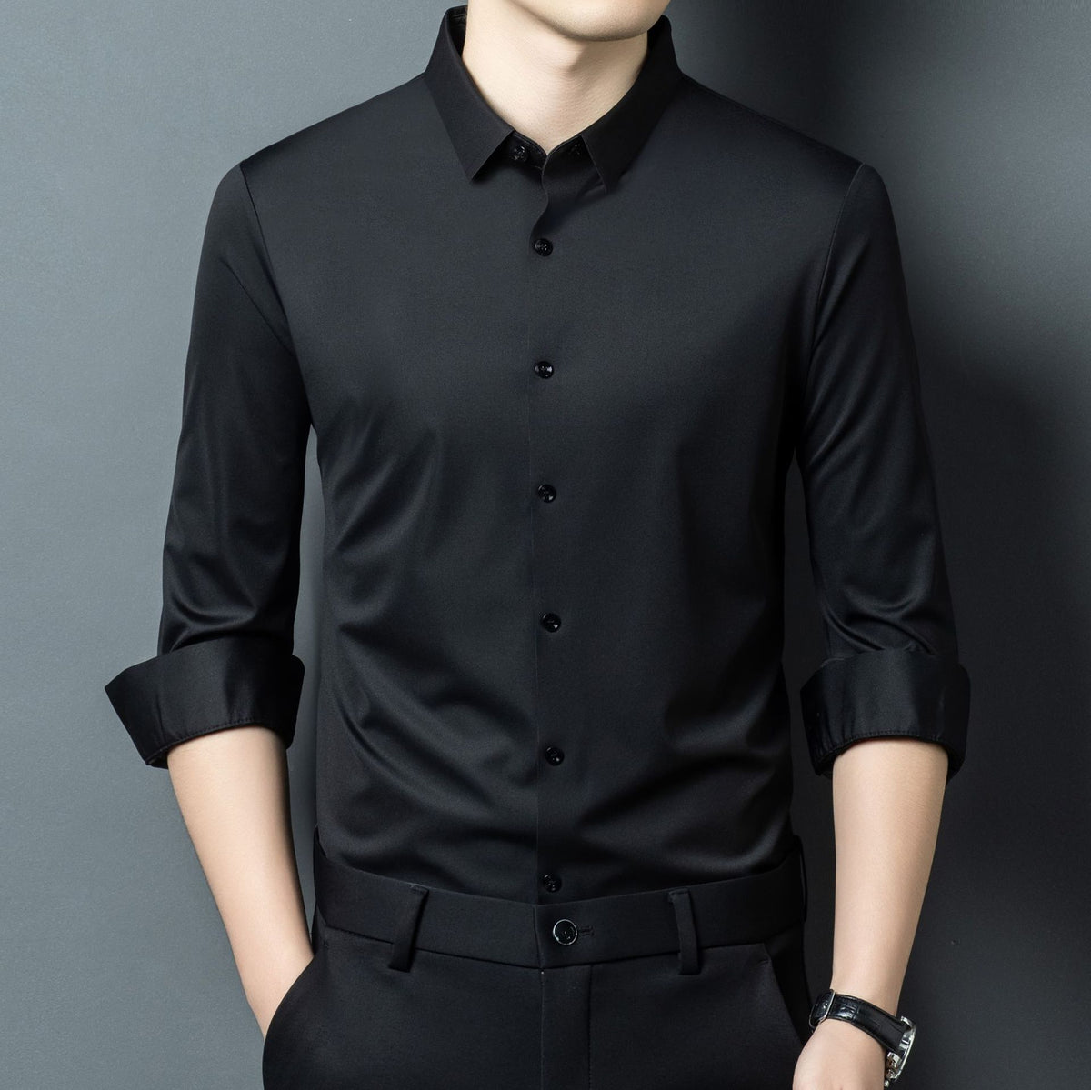 Mens Stretch Ice Silk Long-Sleeve Shirt