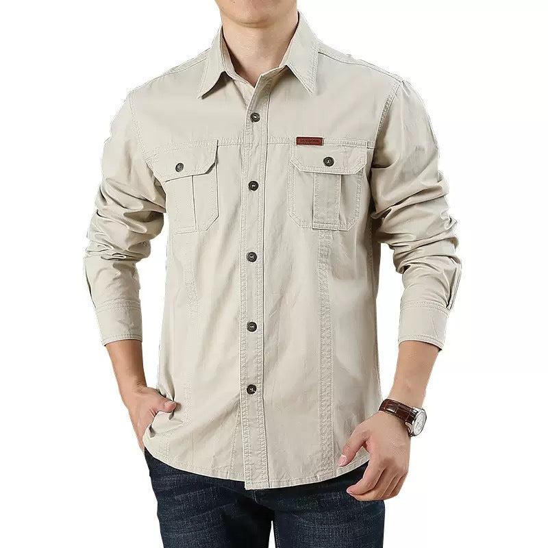 Men's Loose Long Sleeve Cargo Pocket Shirt - Plus Size Solid Color Casual Autumn Top