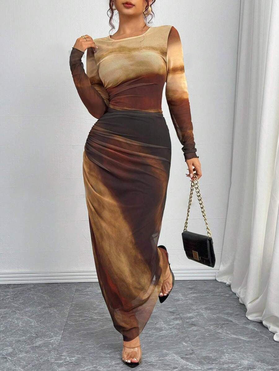 Elegant Contrast Rendered Slim Waist Dress