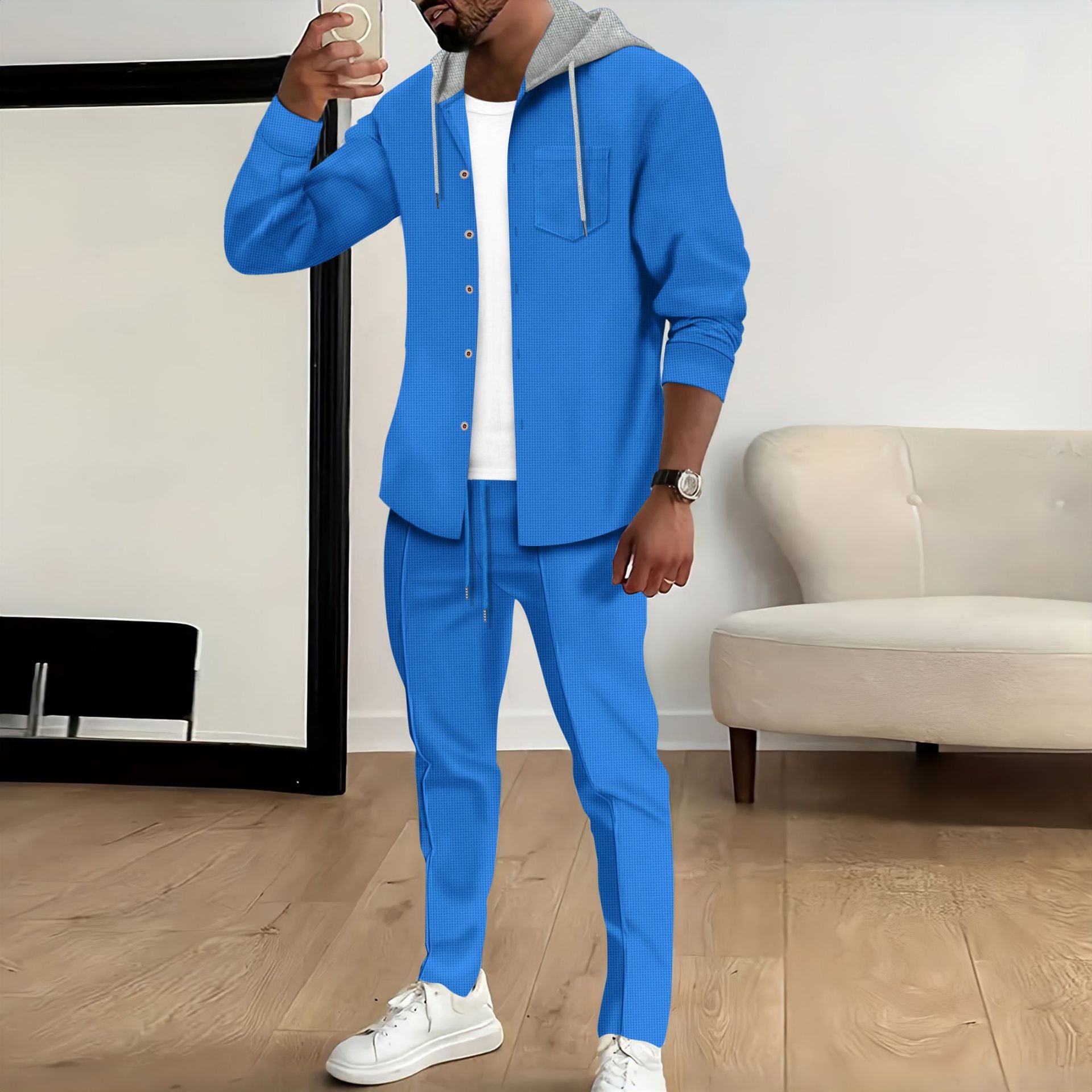 Men's Waffle Knit Hooded Cardigan Set