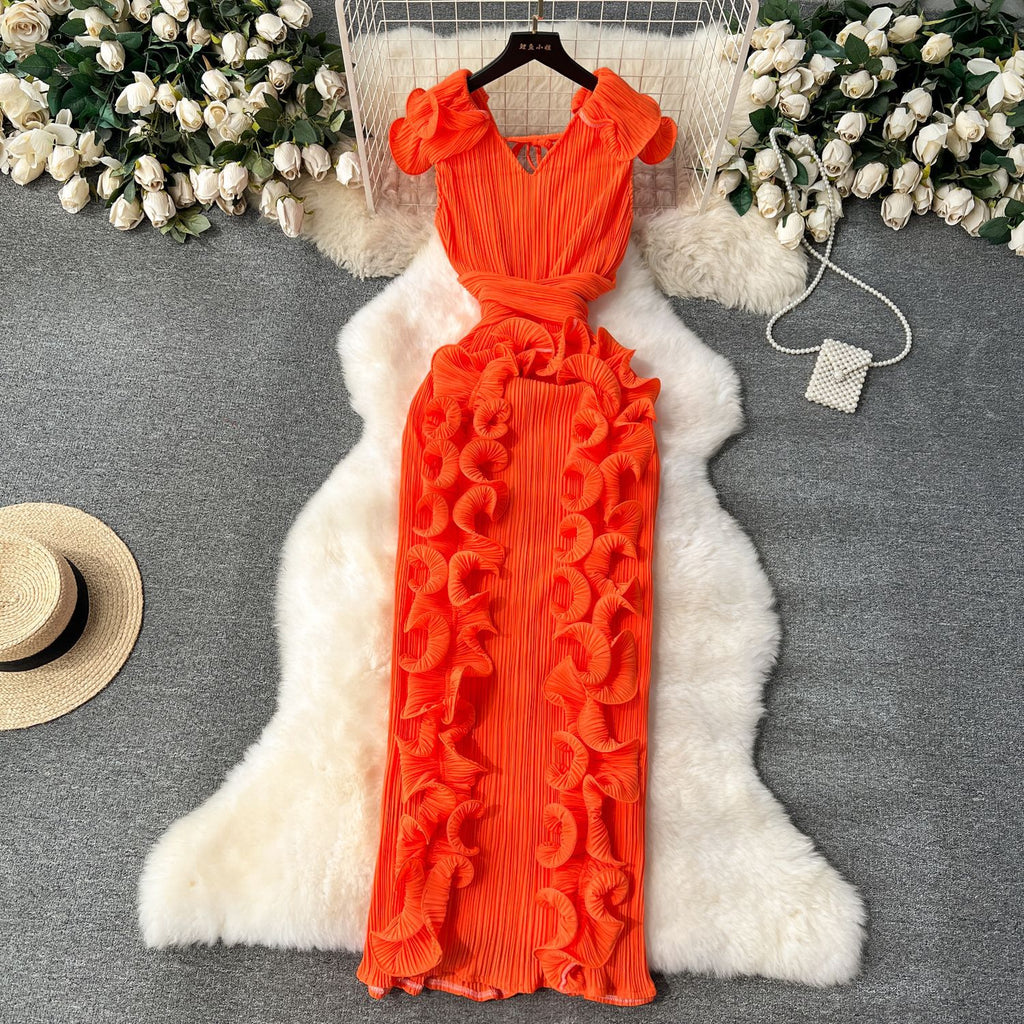 Elegant High-End Pleated Ruffle Evening Dress