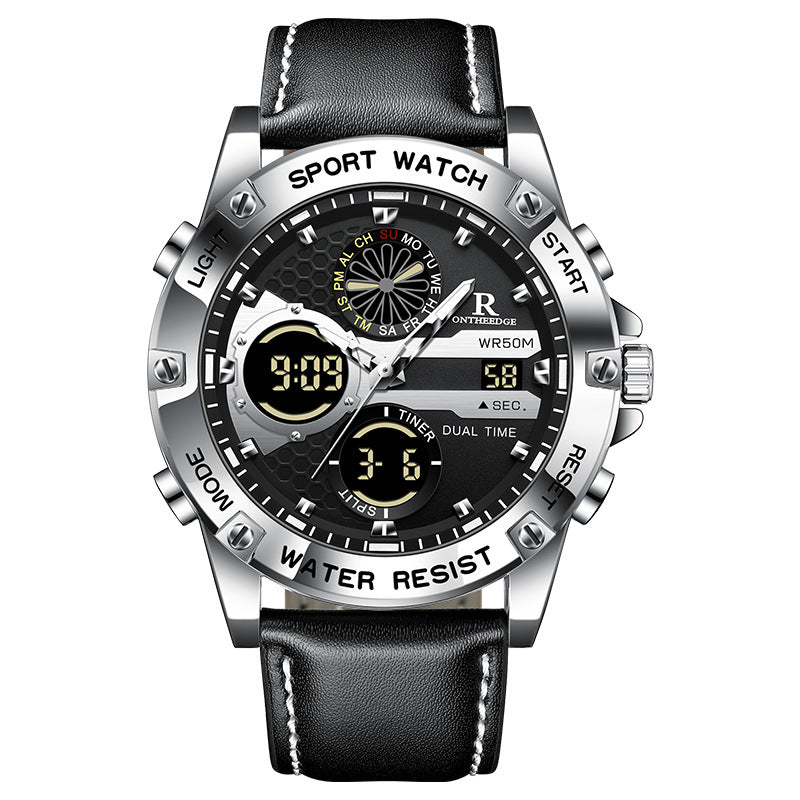 Dual Display Leather Men's Watch - Water Resistant Quartz