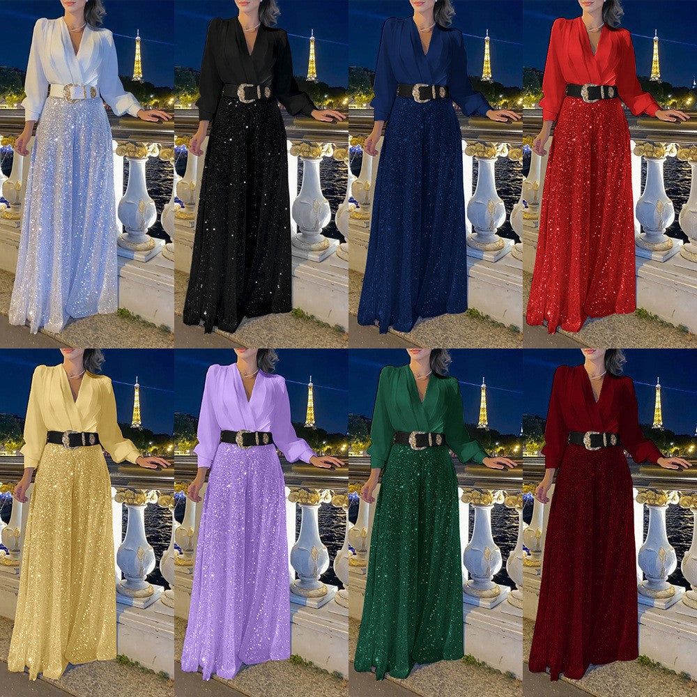 V-neck long-sleeved shirts, waist thin, sequined wide-leg pants