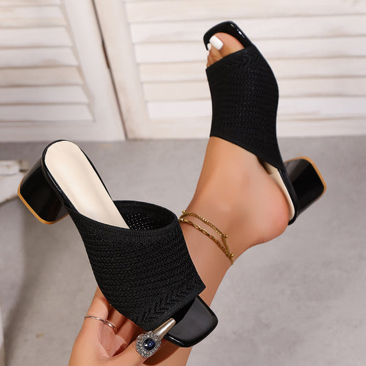 Summer Plus-Size Fly-Knitted Thick-Heeled Sandals