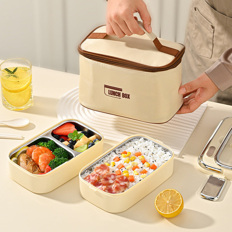 Stainless Steel Double-Layer Lunch Box with Handle & Utensils