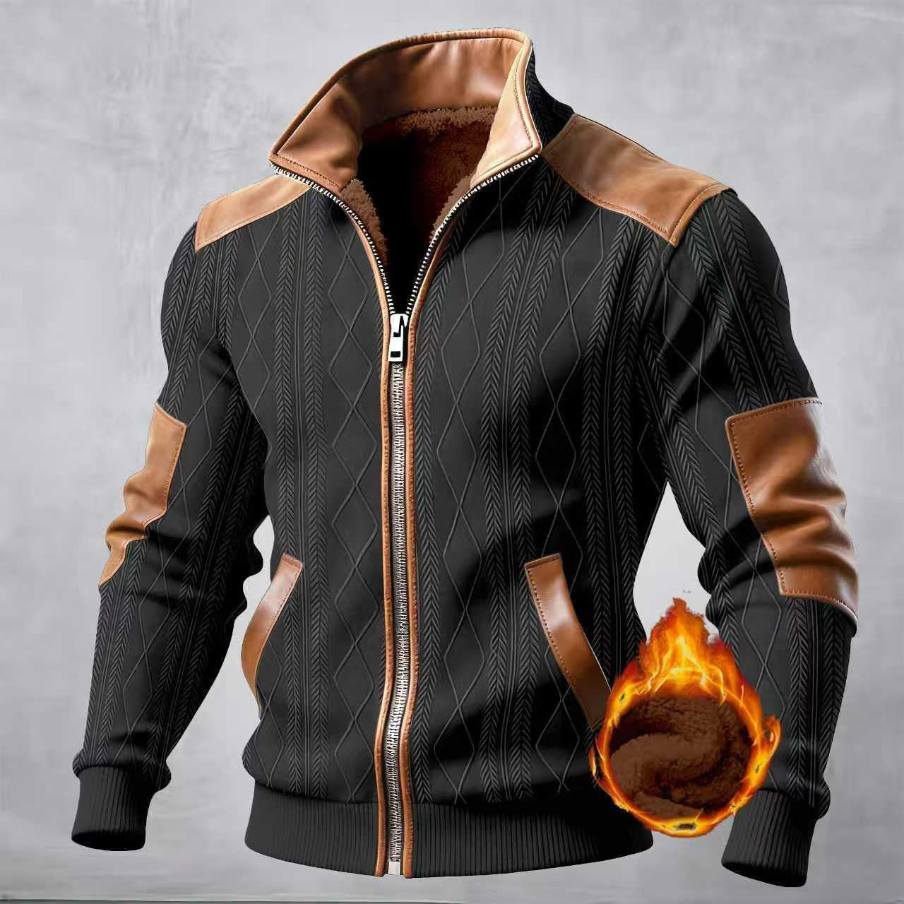 Mens Winter Jacquard Fleece Zip-Up Jacket  Casual Color Block Cardigan Coat