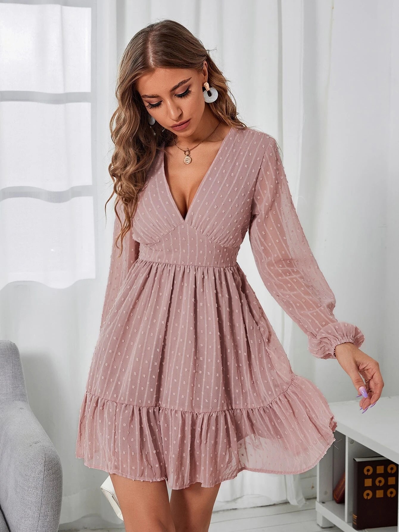 Summer & Autumn Elegance Long Sleeve V-Neck Dress