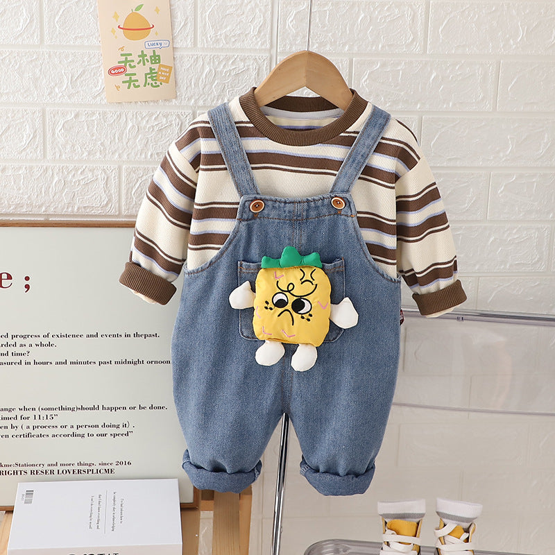 Pineapple Striped Romper Two-Piece Set  Playful Spring & Autumn Outfit for Babies & Toddlers (0-4 Years)