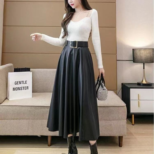 Coffee Leather Pleated Skirt  High-Waisted A-Line Midi for Autumn/Winter
