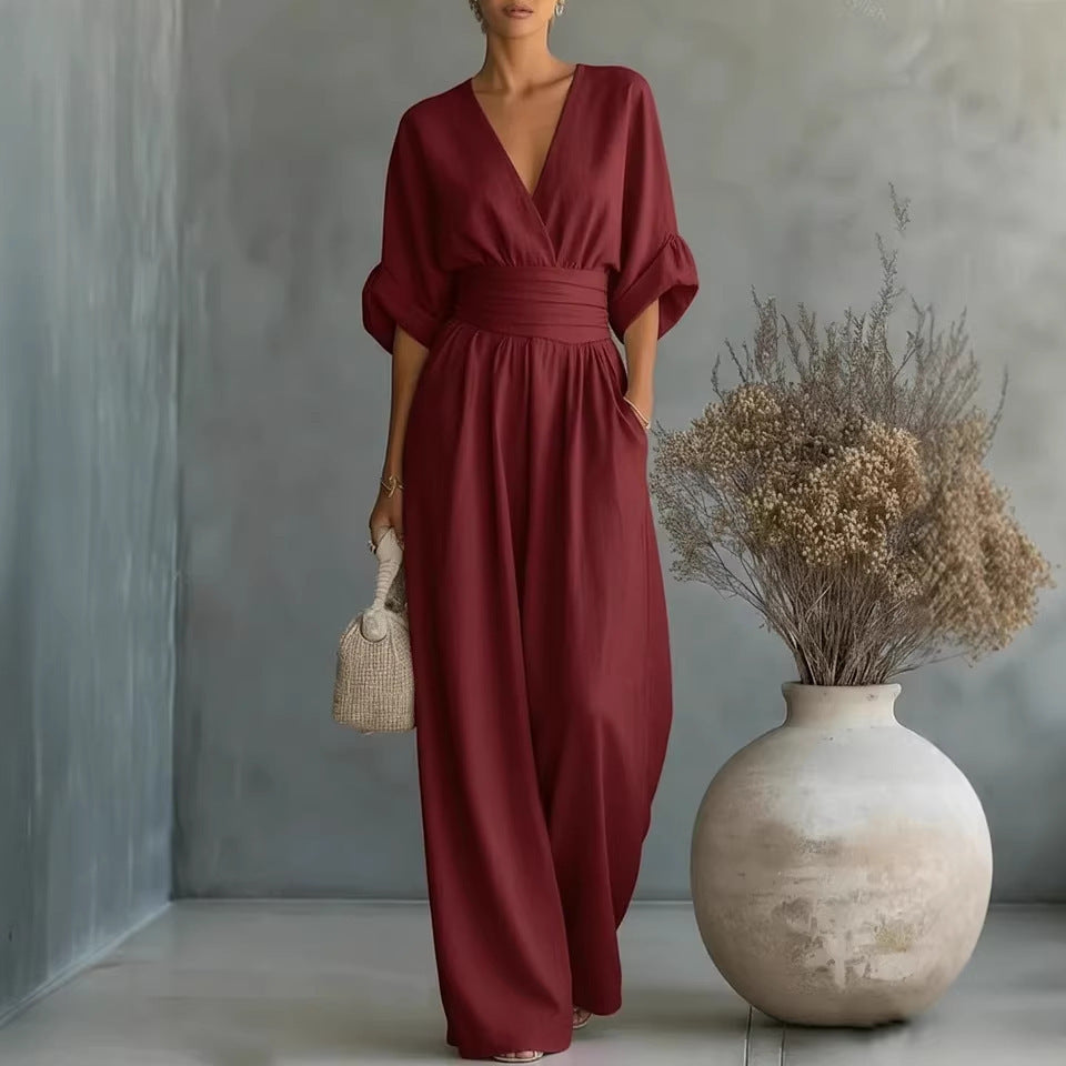 Womens Elegant V-Neck Waist-Slimming Jumpsuit