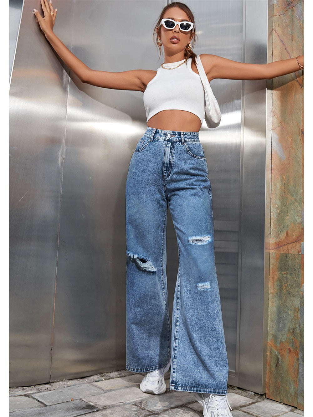 Ripped wash loose, straight denim pants