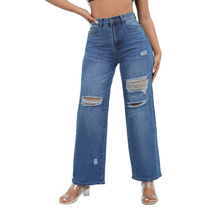 High-quality temperament ripped wide-leg pants jeans