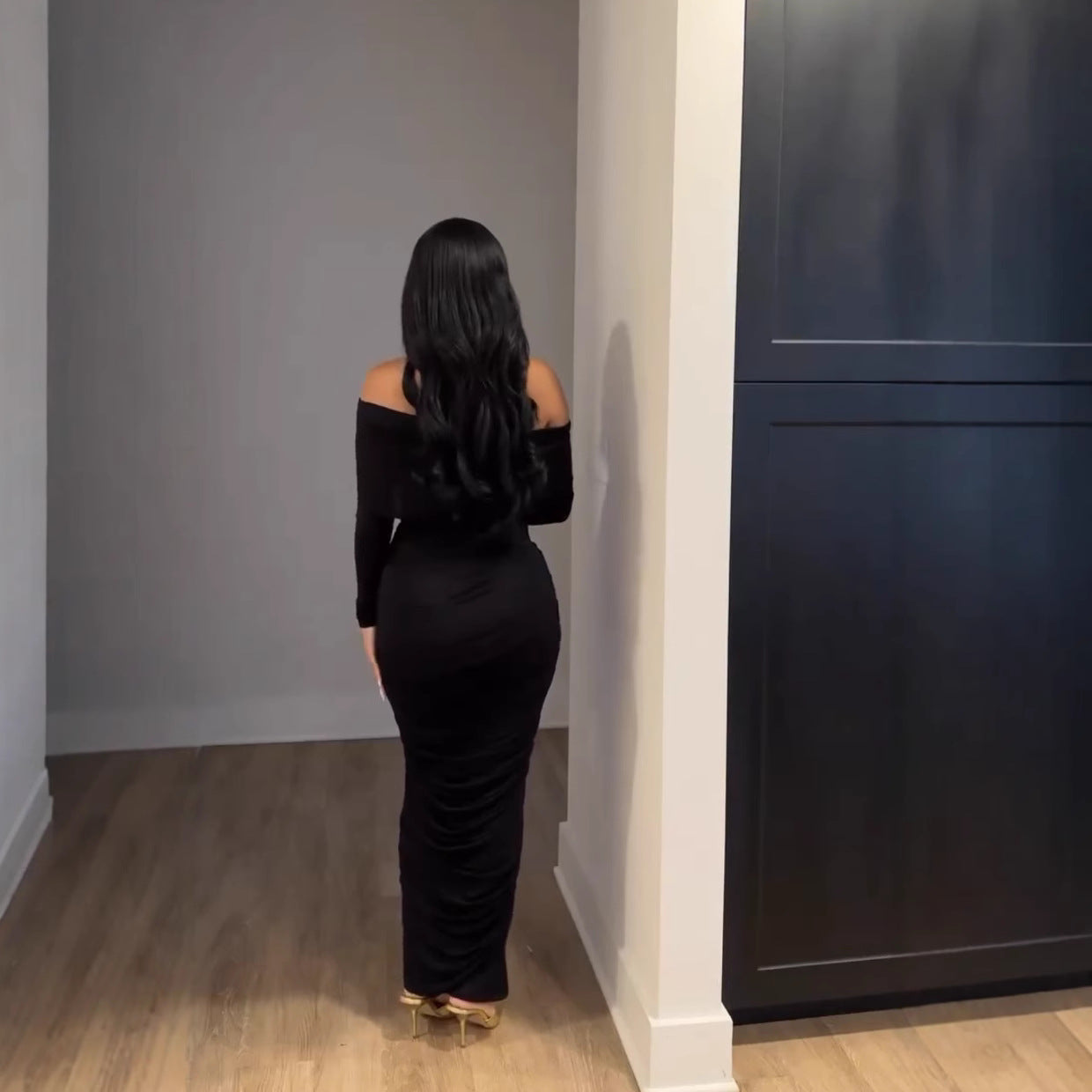 Sexy One-Shoulder Mesh Long Sleeve Bodycon Maxi Dress for Women