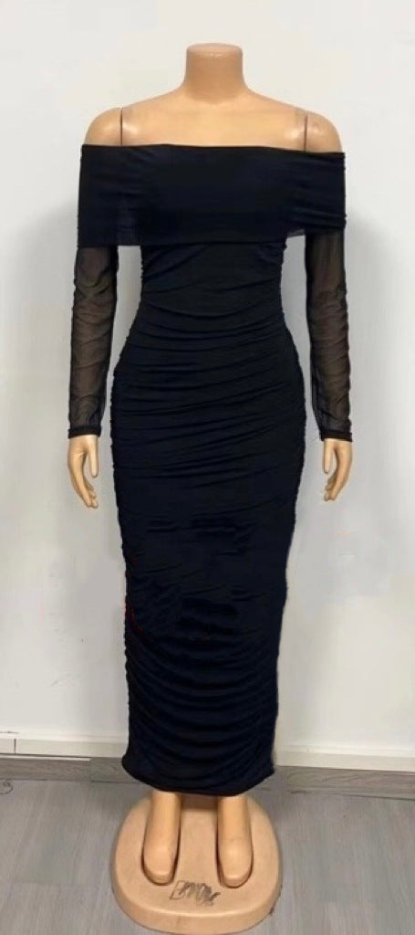 Sexy One-Shoulder Mesh Long Sleeve Bodycon Maxi Dress for Women