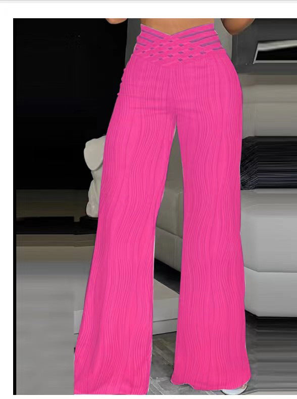 Women's high-waisted slacks, draped pleated cut-out water ripple wide-leg trousers