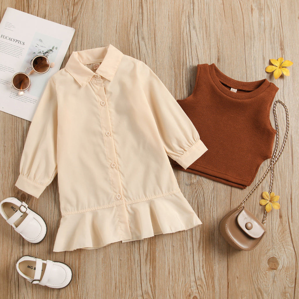 Girls' Autumn Ruffle Dress & Knitted Vest Set