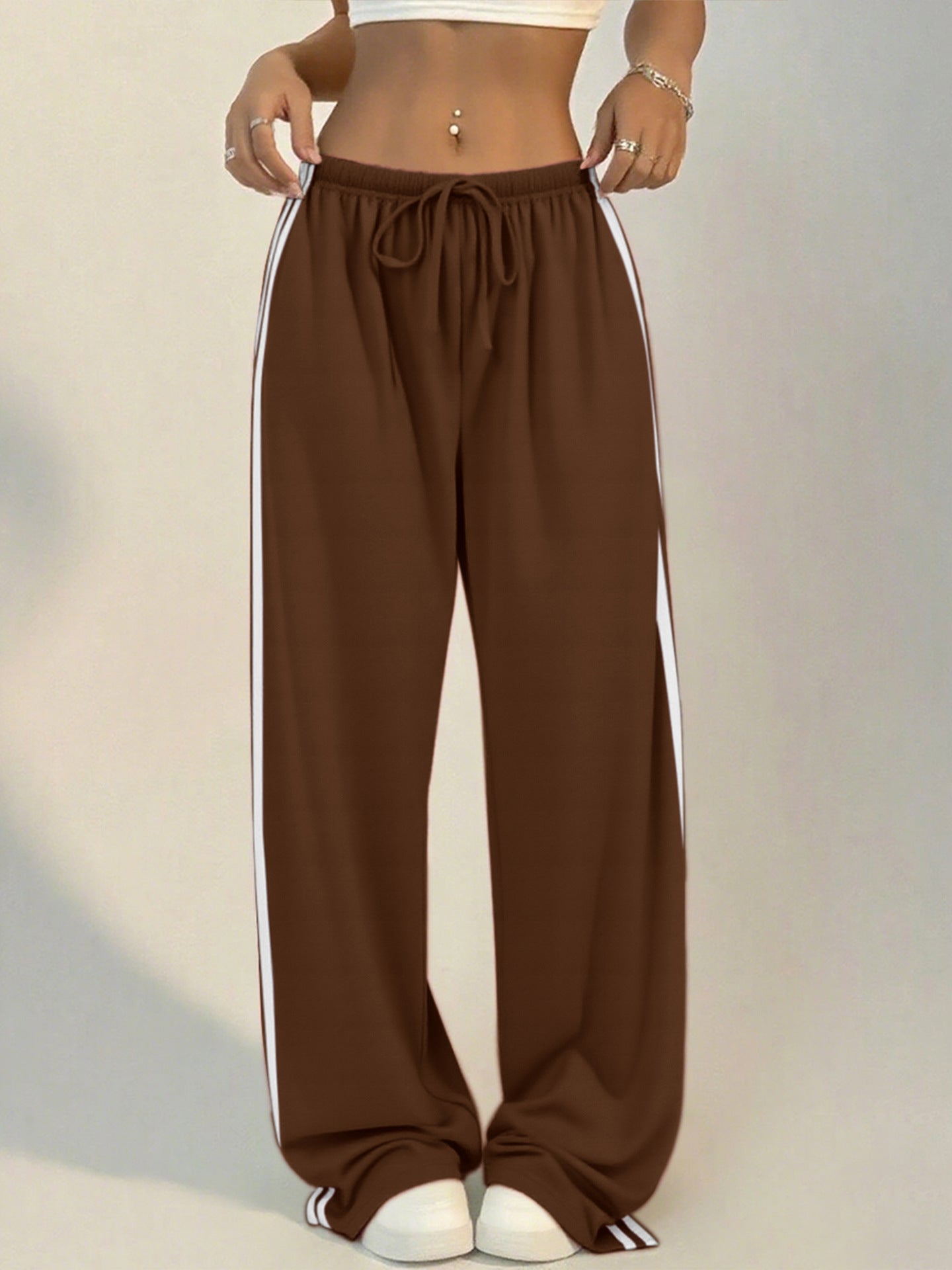 Women's Wide-Leg Striped Slacks with Drawstring Waist