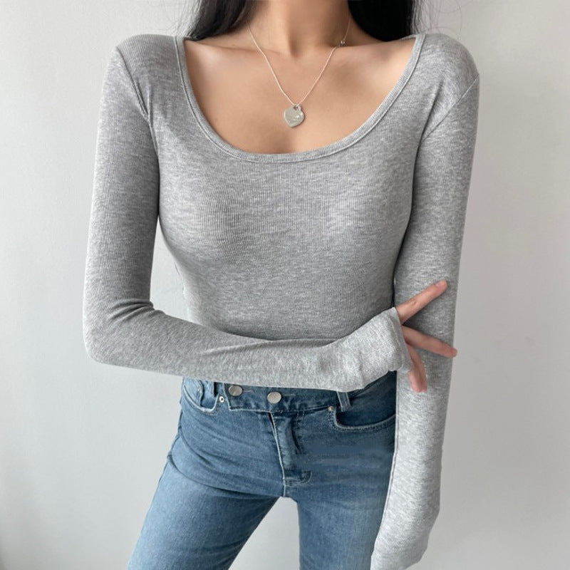 U-neck threaded cotton cropped long-sleeved top