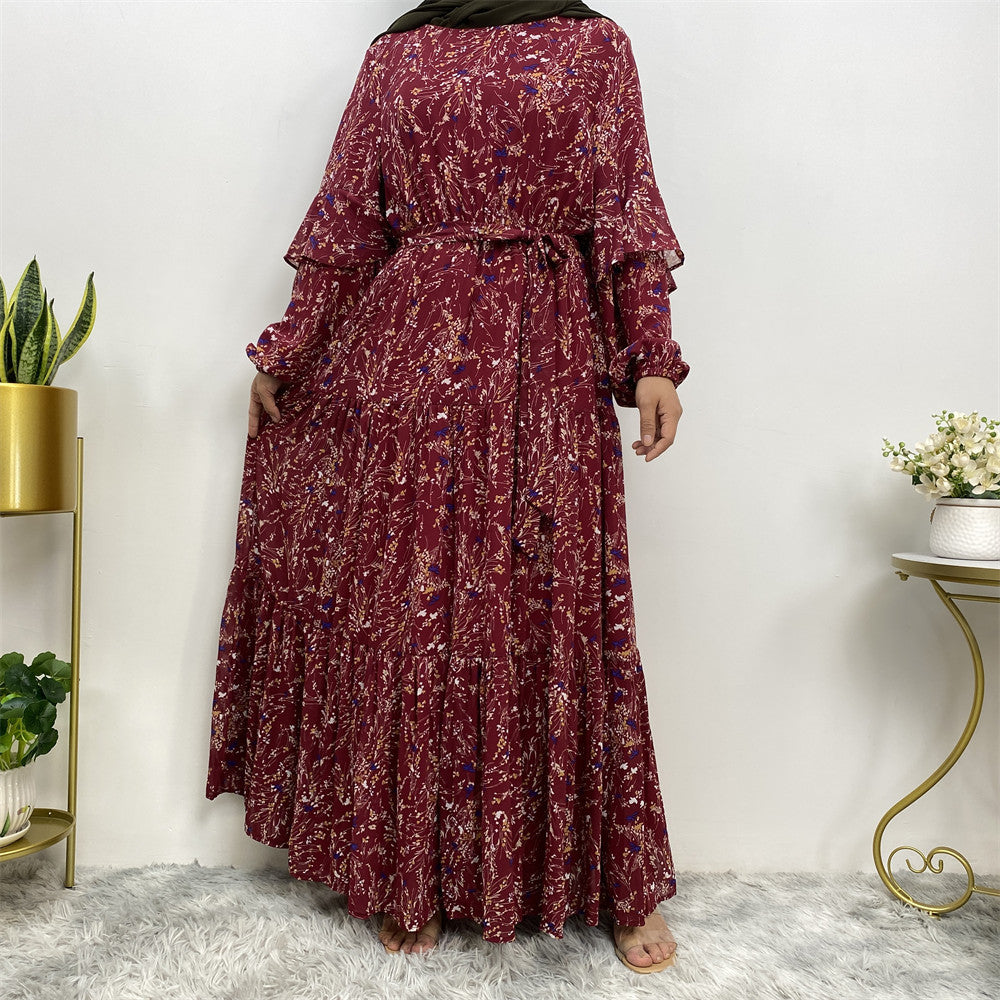 Elegant Chiffon Print Tie-Waist Dress