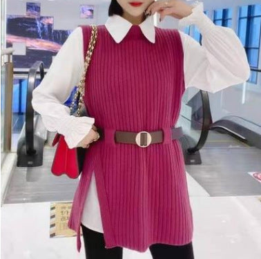New midi sweater set slim tie waist knitted vest shirt two-piece set women