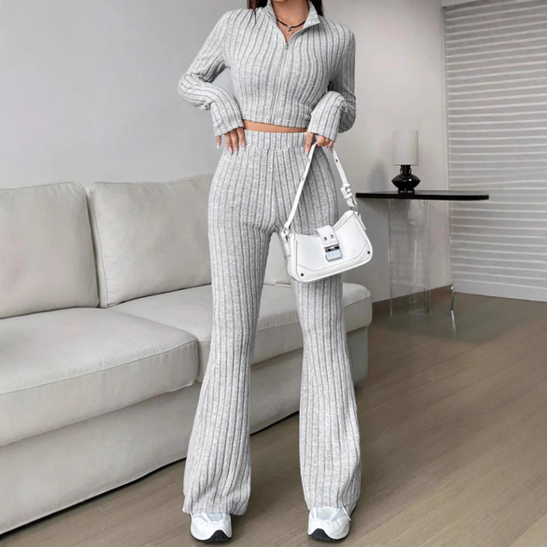 Zipper Cropped Top & High-Waisted Flared Pants Set