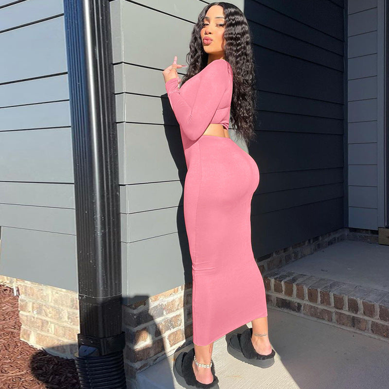 Long Sleeve Crop Top Tight Skirt