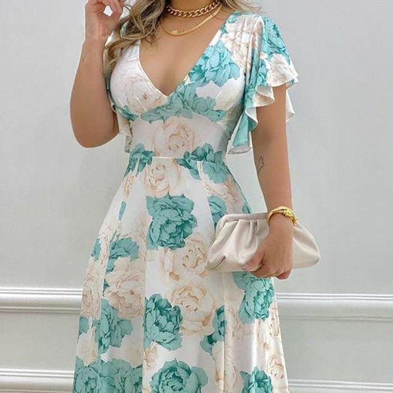 women's temperament sexy V-neck waist print big swing dress