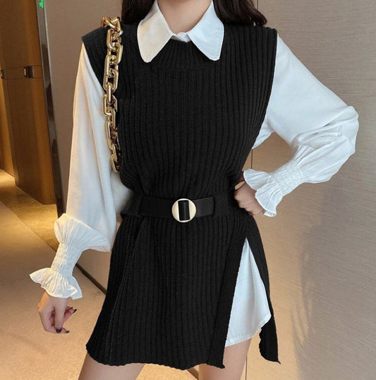 New midi sweater set slim tie waist knitted vest shirt two-piece set women