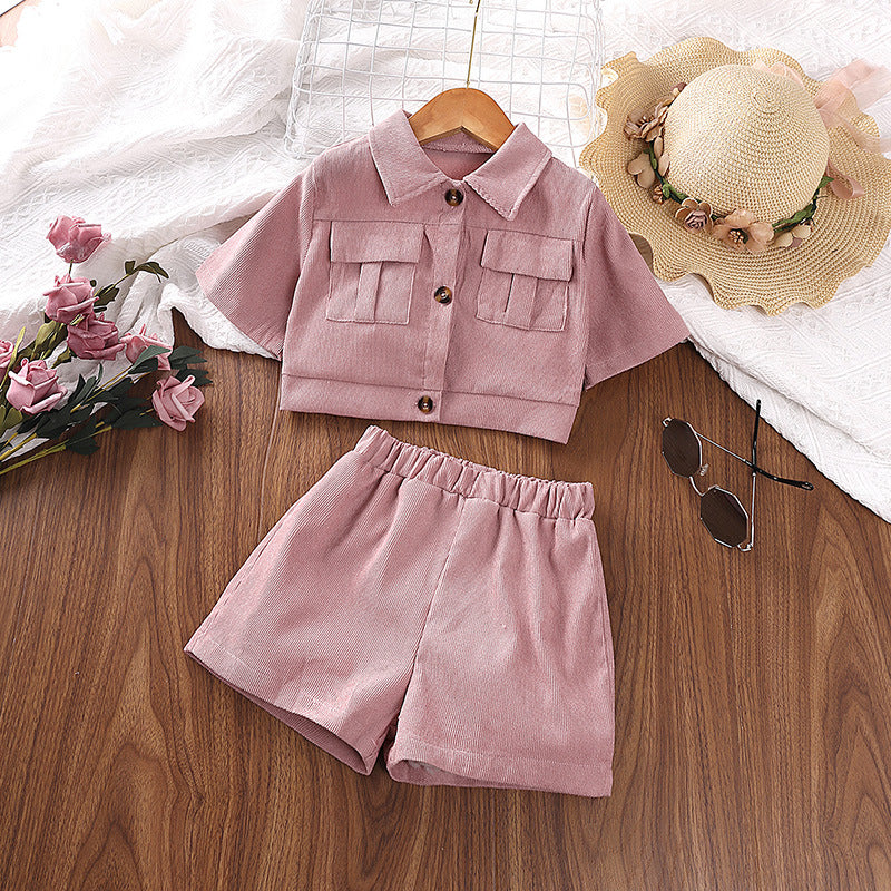 Girls' Stylish Summer Outfit - Short-Sleeve Shirt & Shorts Two-Piece Set