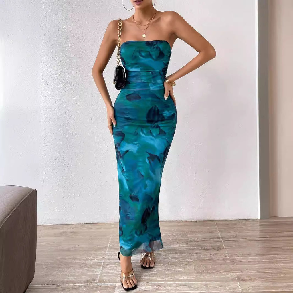 Mesh Floral Ruffle Bandeau Slit Long Skirt