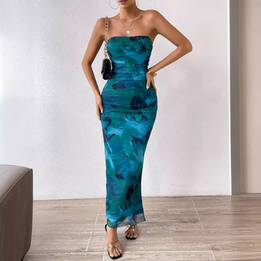 Mesh Floral Ruffle Bandeau Slit Long Skirt
